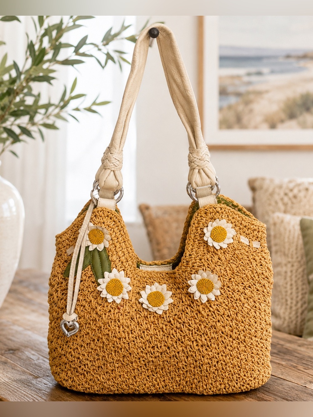 Brighton Daisy Raffia Straw Shoulder Bag Floral Leather Appliqué White Leather
